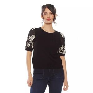 SIONI Puff Mesh Embroidered S/S Crew Neck Sweater Black Ivory XS $75 NWOT